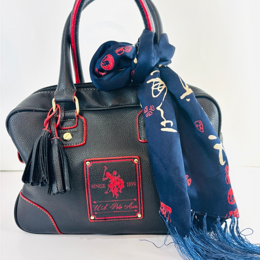 Set US Polo Association Navy And Red Trimmed Bowler Handbag + Silk Scarf